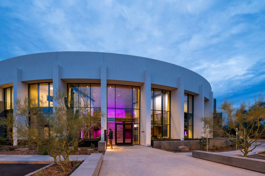 The Ravenscroft building in Scottsdale in the evening. 