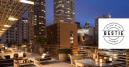 Four Seasons Hotel San Francisco patio overlooking Market Street buildings.
