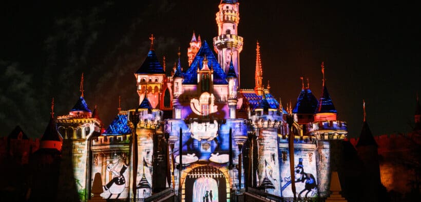 “Wondrous Journeys,” nighttime event shows an image of Mickey Mouse projected onto the Sleeping Beauty Castle at Disneyland.