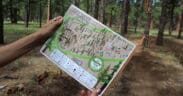 A person is holding up a map of the Flagstaff Barefoot Trail, with forest trees in the background.
