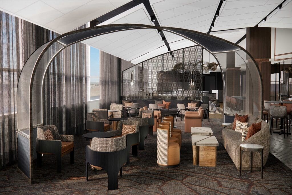 Modern sofas, chairs and seating populate the revitalized Grand Met Grand Hyatt DFW restaurant. (Photo courtesy of Grand Hyatt DFW)