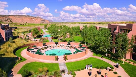 Aerial view of the Hyatt Regency Tamaya property and pool.