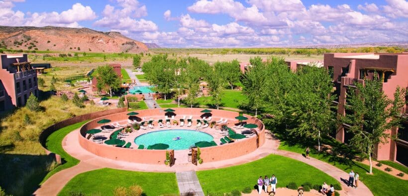 Aerial view of the Hyatt Regency Tamaya property and pool.