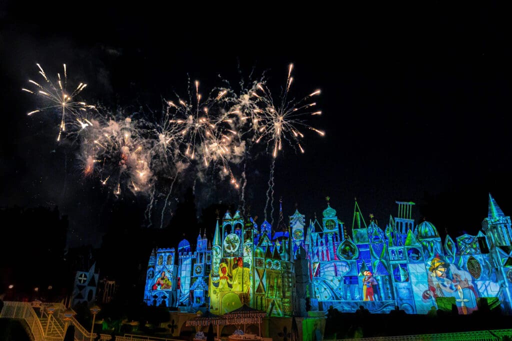 Fireworks frame "It's a Small World" during the “Tapestry of Happiness,” light projection show, displaying beloved Disney movies and characters at Disneyland Park in Anaheim.