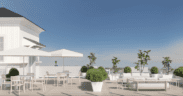 Artist rendering of Bay Shores Peninsula Hotel at Newport Beach with rooftop seating and umbrellas.