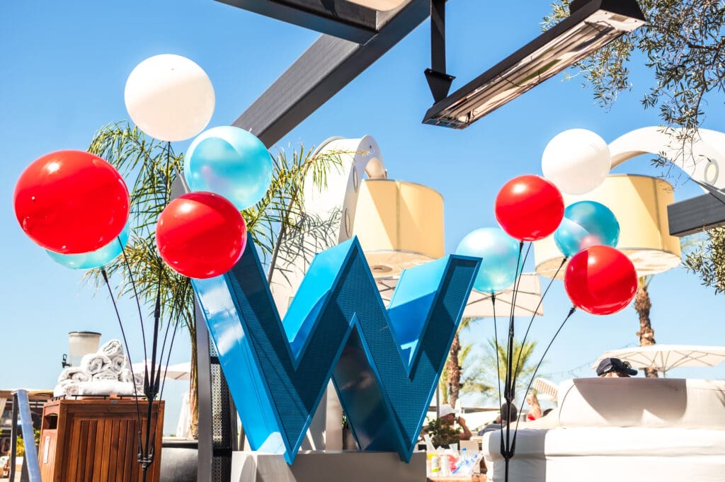 Patriotic balloons with a giant "W" next to the pool at W Scottsdale for the Fourth of July.