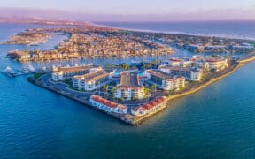 Aerial view of Loews Coronado Bay Resort surrounded by Coronado Bay.