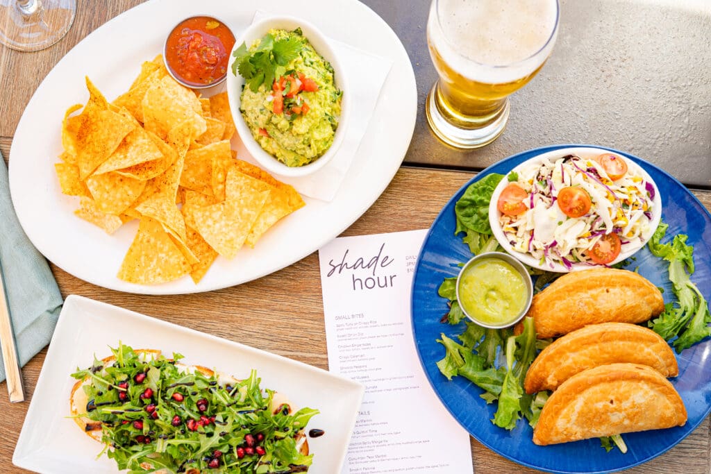 A plate of salsa, chips and guac, another plates with empanadas and slaw and a third plate of arugula and pomegranate at Shade on Beach's zinc@shade.