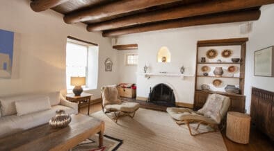 The spa fireplace and relaxation room at the Hacienda Spa at Los Poblanos.