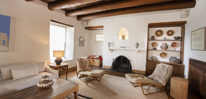 The spa fireplace and relaxation room at the Hacienda Spa at Los Poblanos.