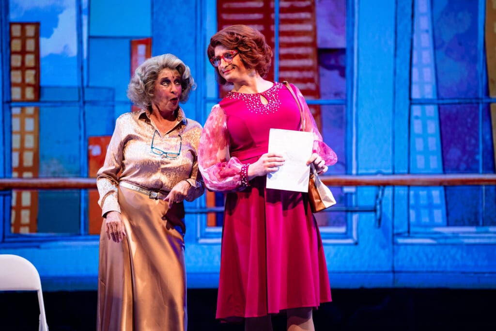 Matt Michael as Dorothy Michaels with actress on stage for the Arizona Broadway Theatre production of "Tootsie."