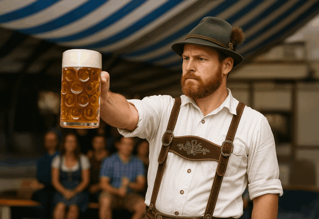 A bearded man wearing a Dirndl and Lederhosen holds a Bier Stein for the Fountain Hills Oktoberfest Bier Stein holding contest.