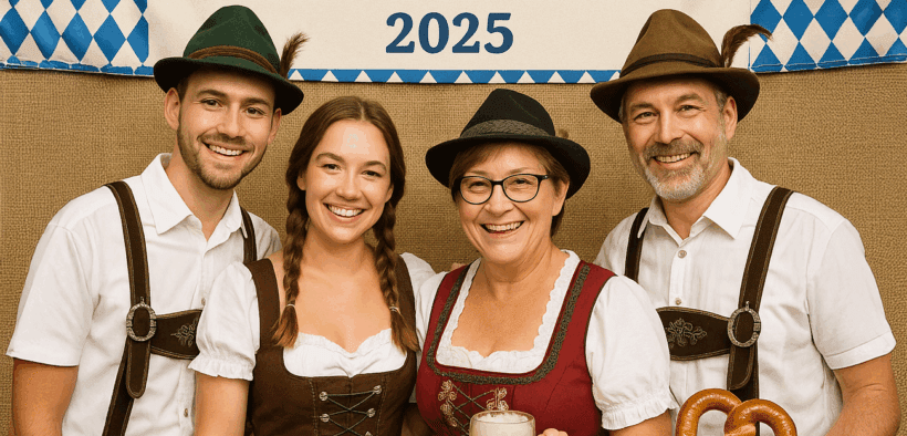A family wearing traditional German garments pose together in a photo booth for the Fountain Hills Oktoberfest 2025