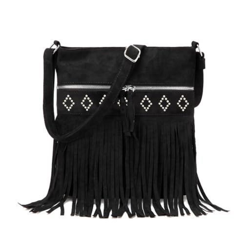 A black Sunwel Western Faux Suede Crossbody bag with diamond design and fringe.