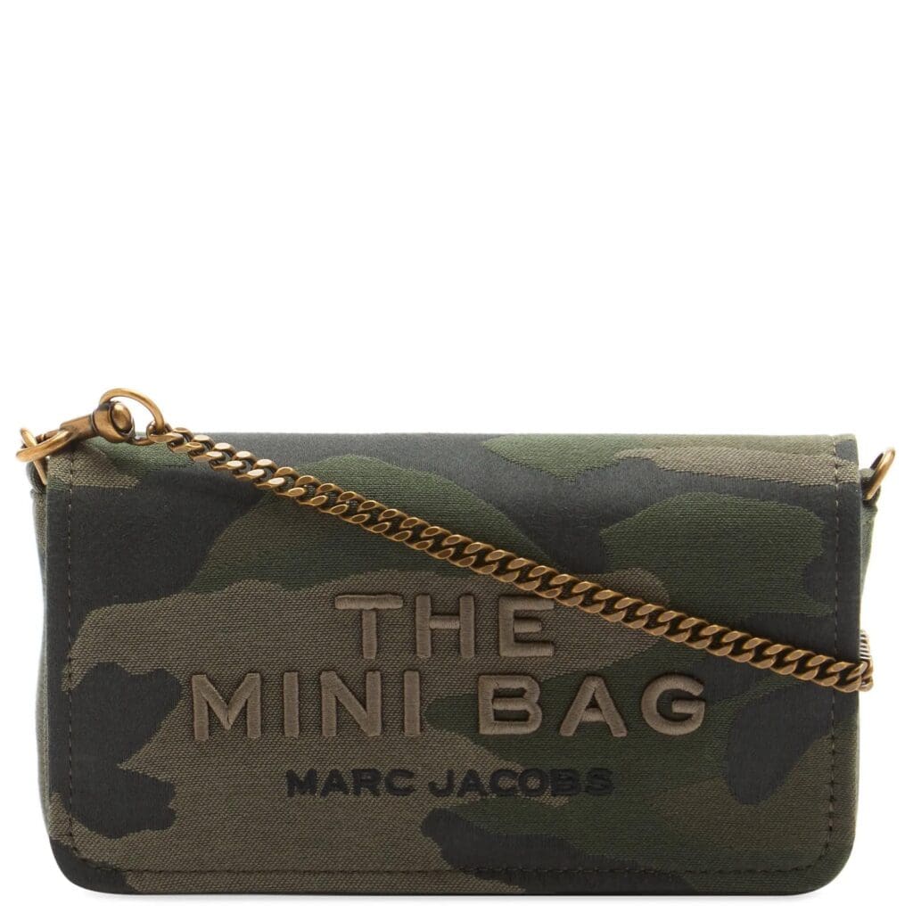 A Marc Jacobs Mini Bag embossed in camo with gold chain.