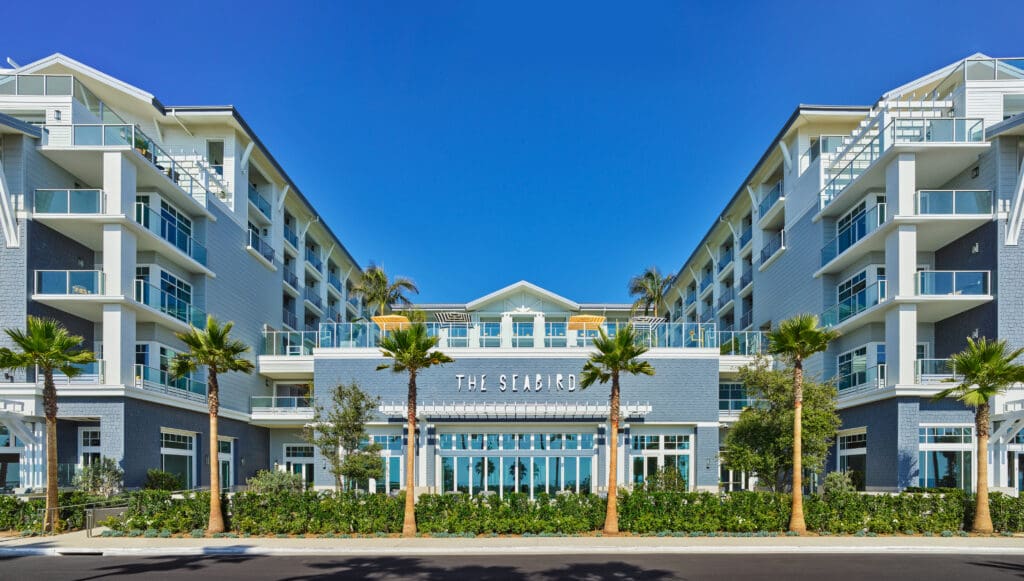 An exterior view of The Seabird hotel in Oceanside California.
