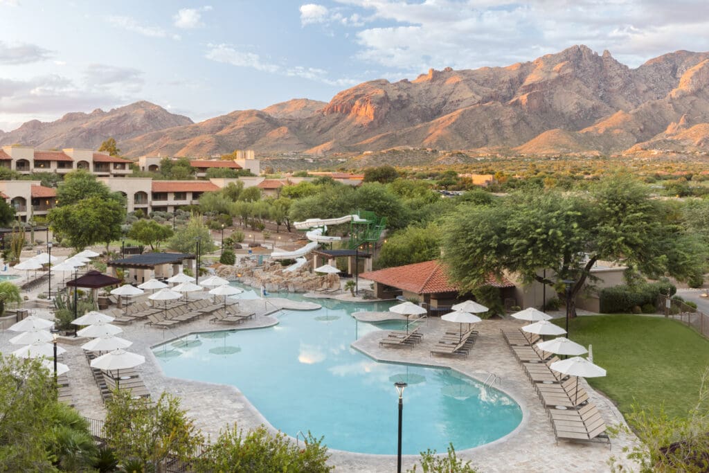 An aerial view of The Westin La Paloma Resort & Spa in Tucson with its pool and property.