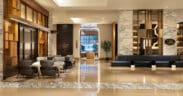 The upgraded lobby of Grand Hyatt San Antonio River Walk with open space and elevated seating and decor.