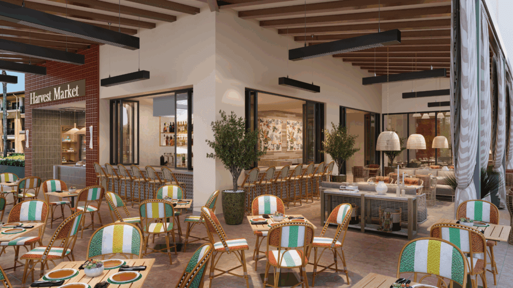 Seating in Carlsbad, California's Hotel Solea dining area with tables, chairs and bar seating. 