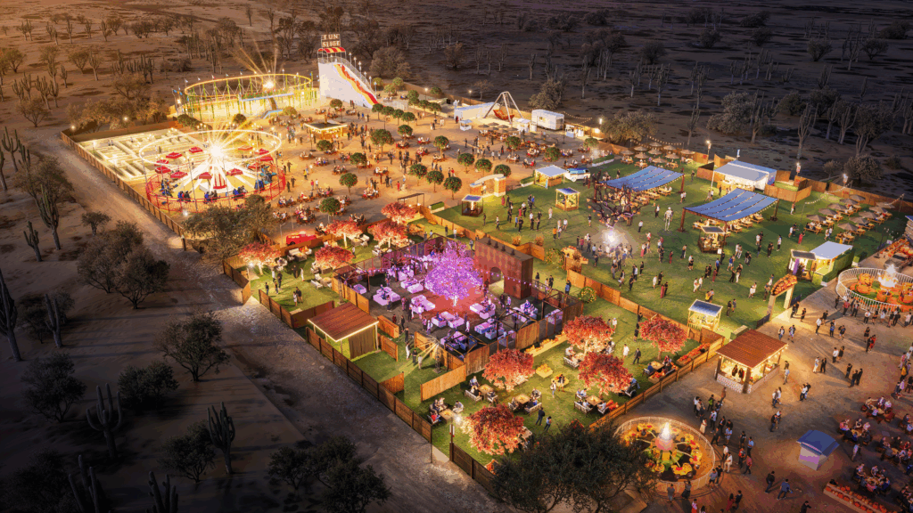 An aerial view rendering of Pumpkin Fest at Fairmont Scottsdale Princess with rides and vendors.