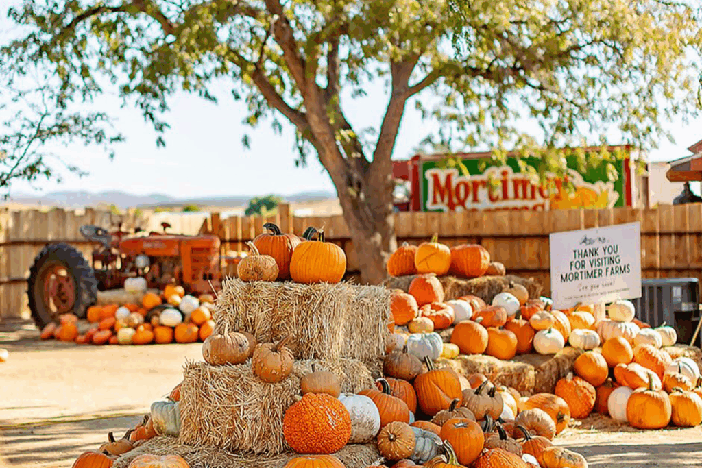 Several pumpkin displays with haybales and multi-colored pumpkins with a tree, tractor and Mortimer Farms truck in the background.