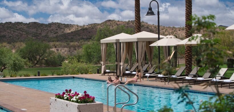The new Rancho de Los Caballeros with cabanas and mountain views in the background.