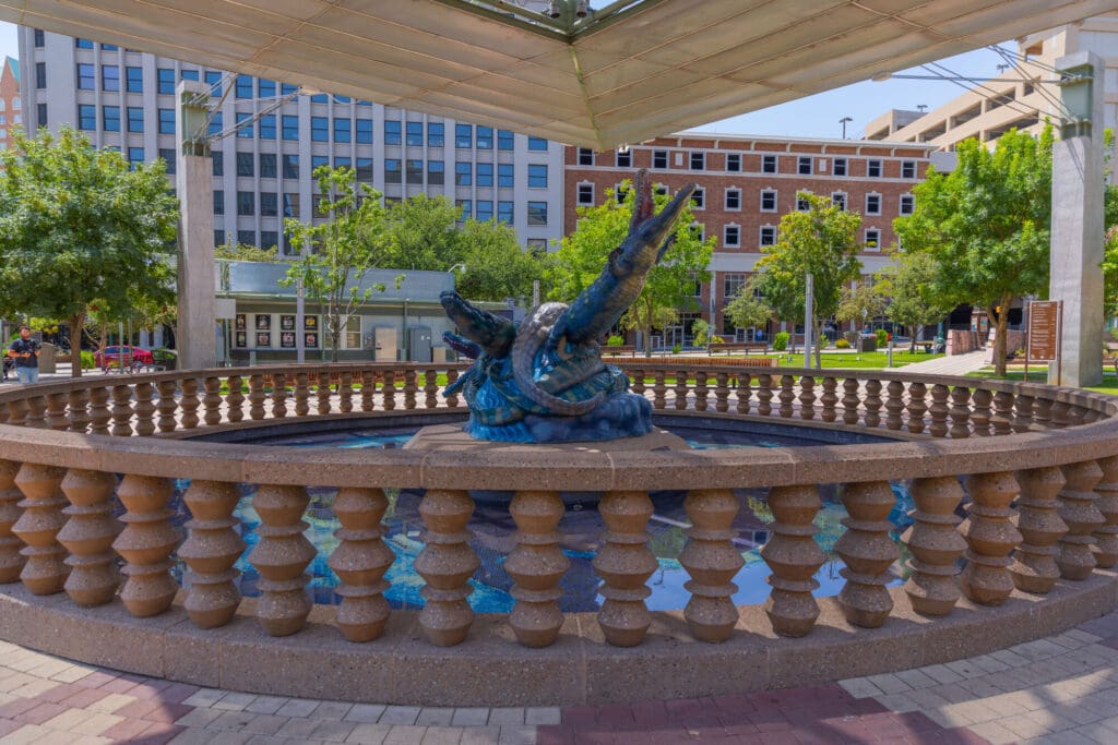 The fiberglass alligator sculpture by artist Luis Jiménez at San Jacinto Plaza in Downtown El Paso.