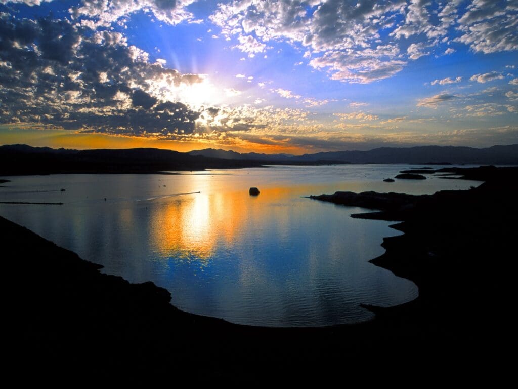 The sun setting over Lake Mead in Boulder City, Nevada.