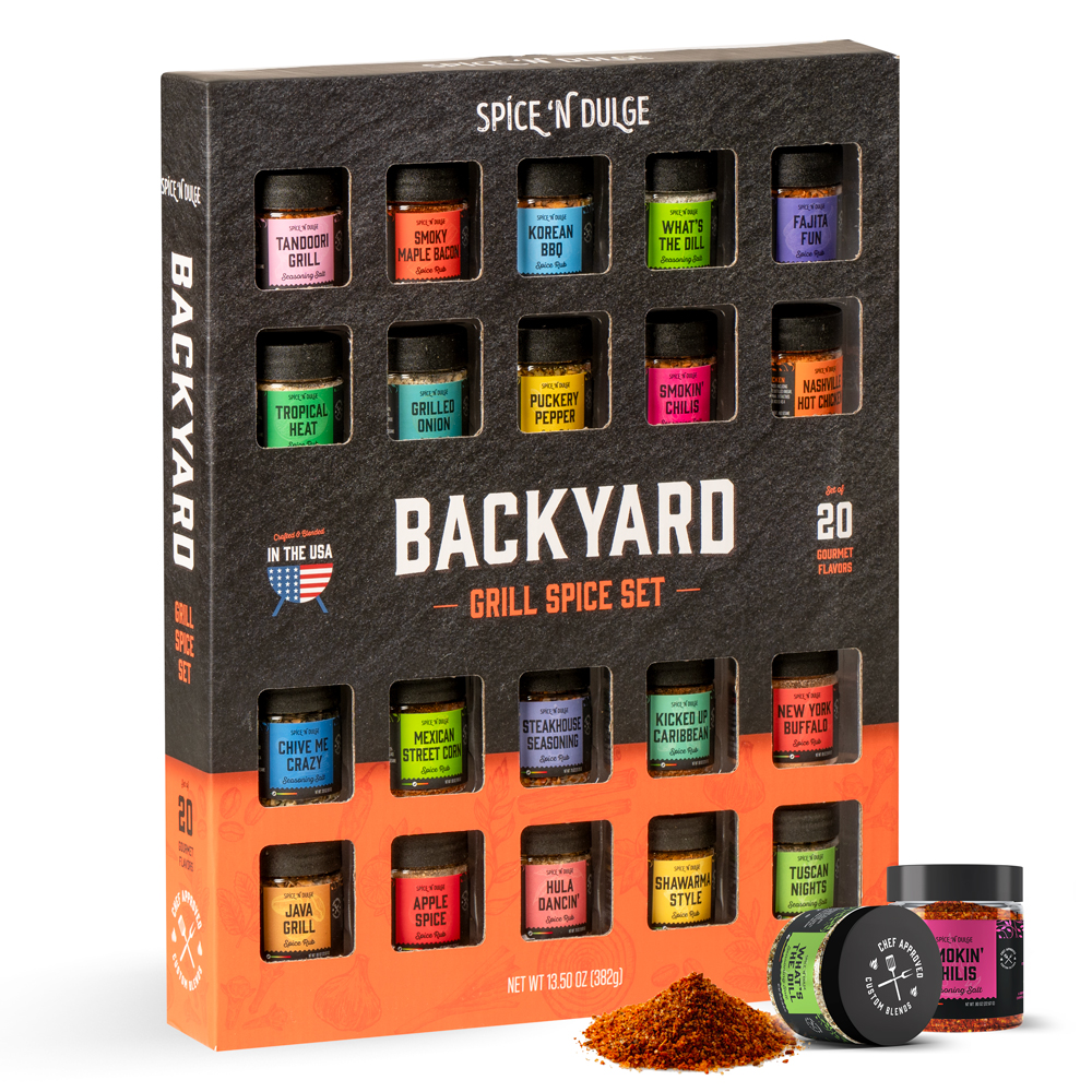The Pop 'n Dulge, Spice 'n Dulge Backyard Grill Spice Set with 20 different spices in the gift box.