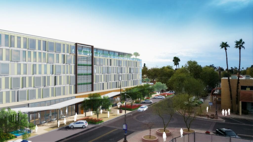 A rendering of the exterior of the AC Hotel Scottsdale Old Town with white cut-outs of people and parked cars in front of the building.