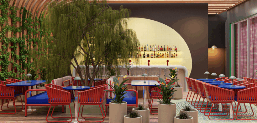Vivili Hospitality's new Hero restaurant with indoor trees and modern seating and tables.