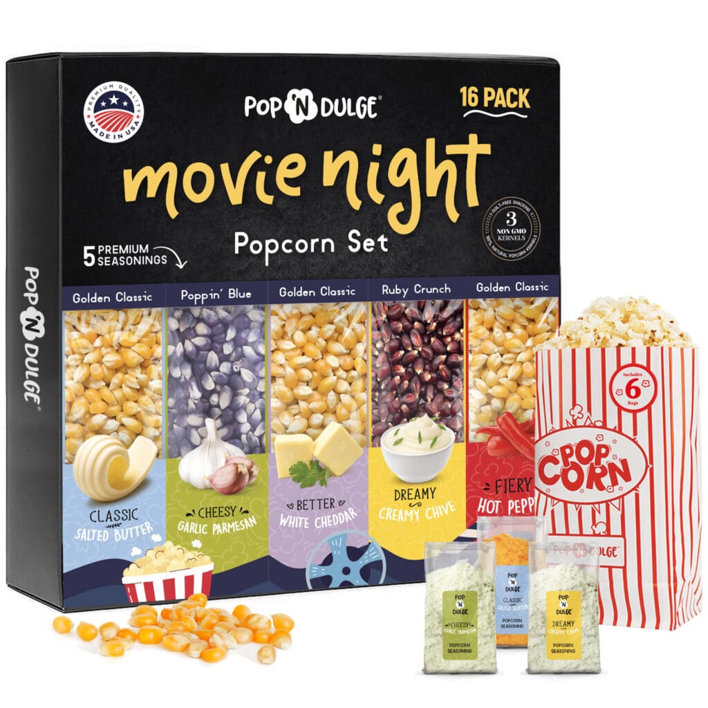The Pop 'n Dulge Movie Night popcorn set showing golden classic, poppin' blue and ruby crunch kernels and different flavorings on the gift set box.