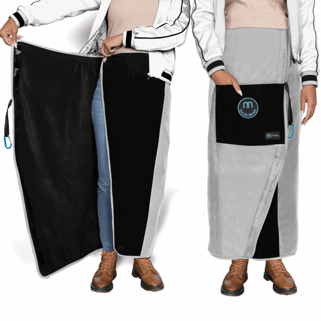 A person models a side by side demo of how to wrap the Mozy Wearable Outdoor Thermal Wrap to use outdoors.