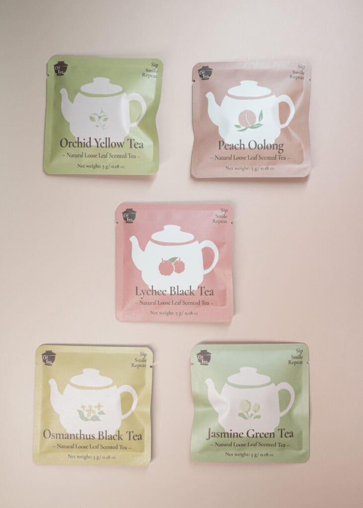 Five tea packets from the Of Tea Scented Tea Variety Box.