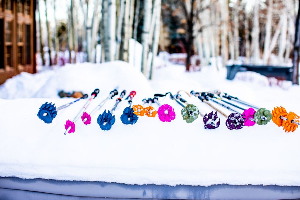 Multi-colored ski paw print baskets on top of a snow pile.