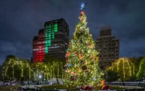 Downtown San Antonio at night with a lit Christmas trees and other lit up along the River Walk.