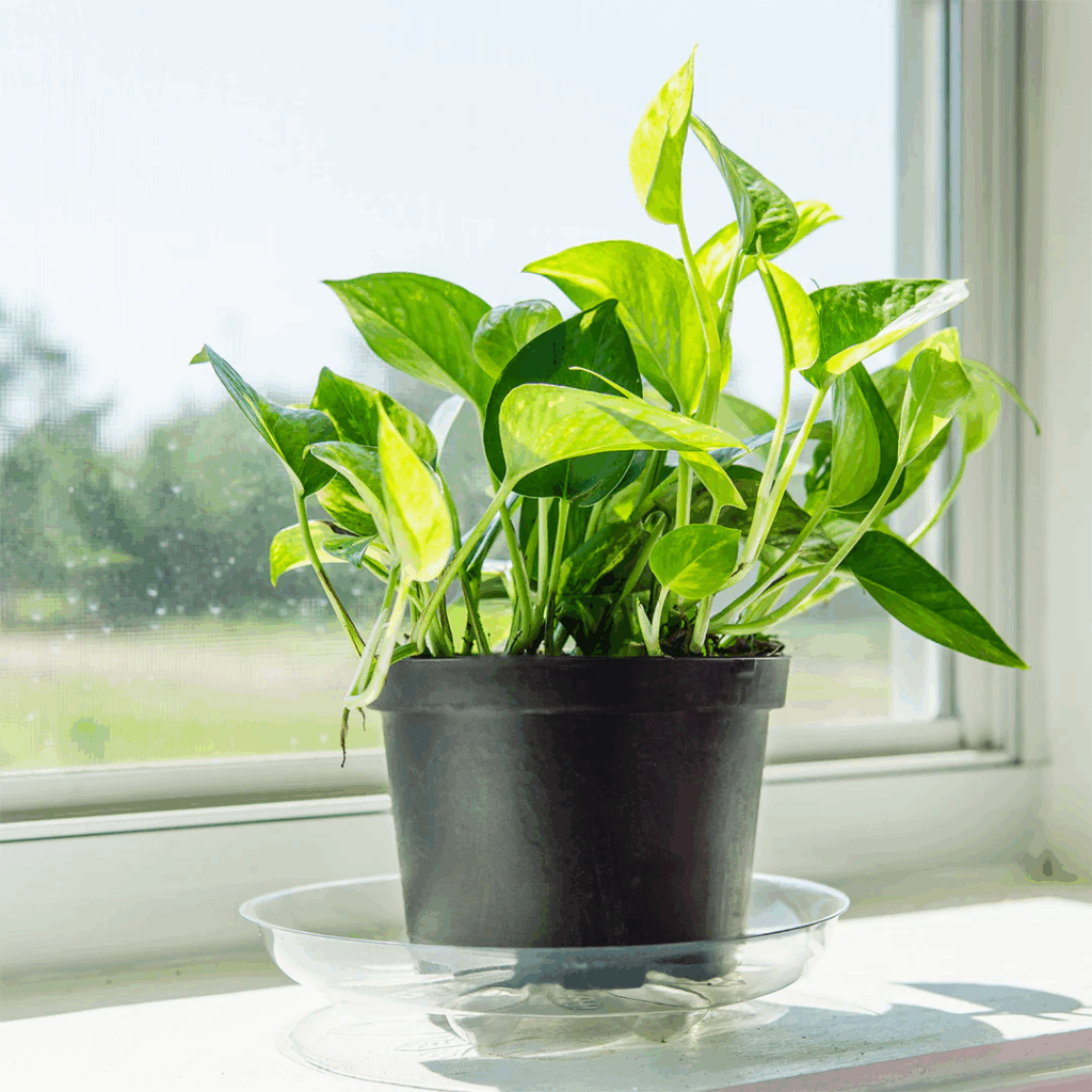 A Golden Pathos potted plant sits in a tray by a window with green trees and grass in the background.