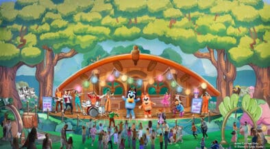 Artist rendering of “Bluey’s Best Day Ever!” with Bluey and friends on stage inside the Fantasyland Theatre in Disneyland park in Anaheim, Calif.