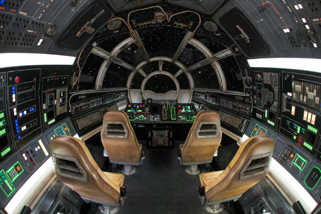 Inside Millennium Falcon: Smugglers Run at Star Wars: GalaxyÕs Edge at Disneyland Park in Anaheim, California.