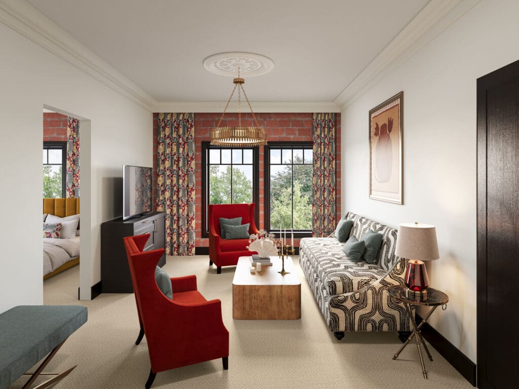 Rendering of The Faust Hotel's guestroom suite with modern decor and furniture, two high-back chairs, a patterned couch and an open area to the bedroom.