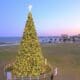 A large lit Christmas tree fenced in with Port Aransas in the back ground in Corpus Christi.
