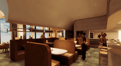 A photo rendering of Dear Emilia restaurant in Denver with booth seating and open kitchen concept.