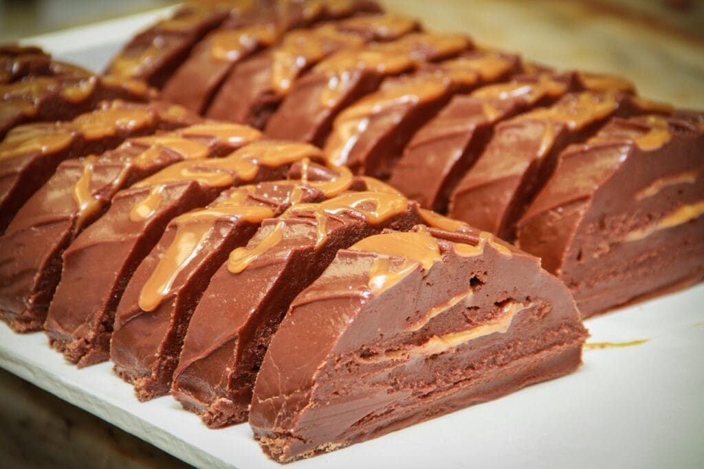 Chocolate fudge cut into single servings on a tray from Mackinac Island.