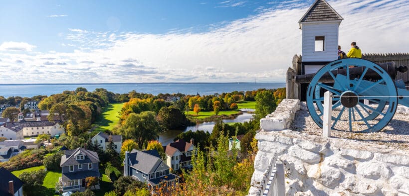 Fort Mackinac Island Fort overlooking the island's city and bay in the background.