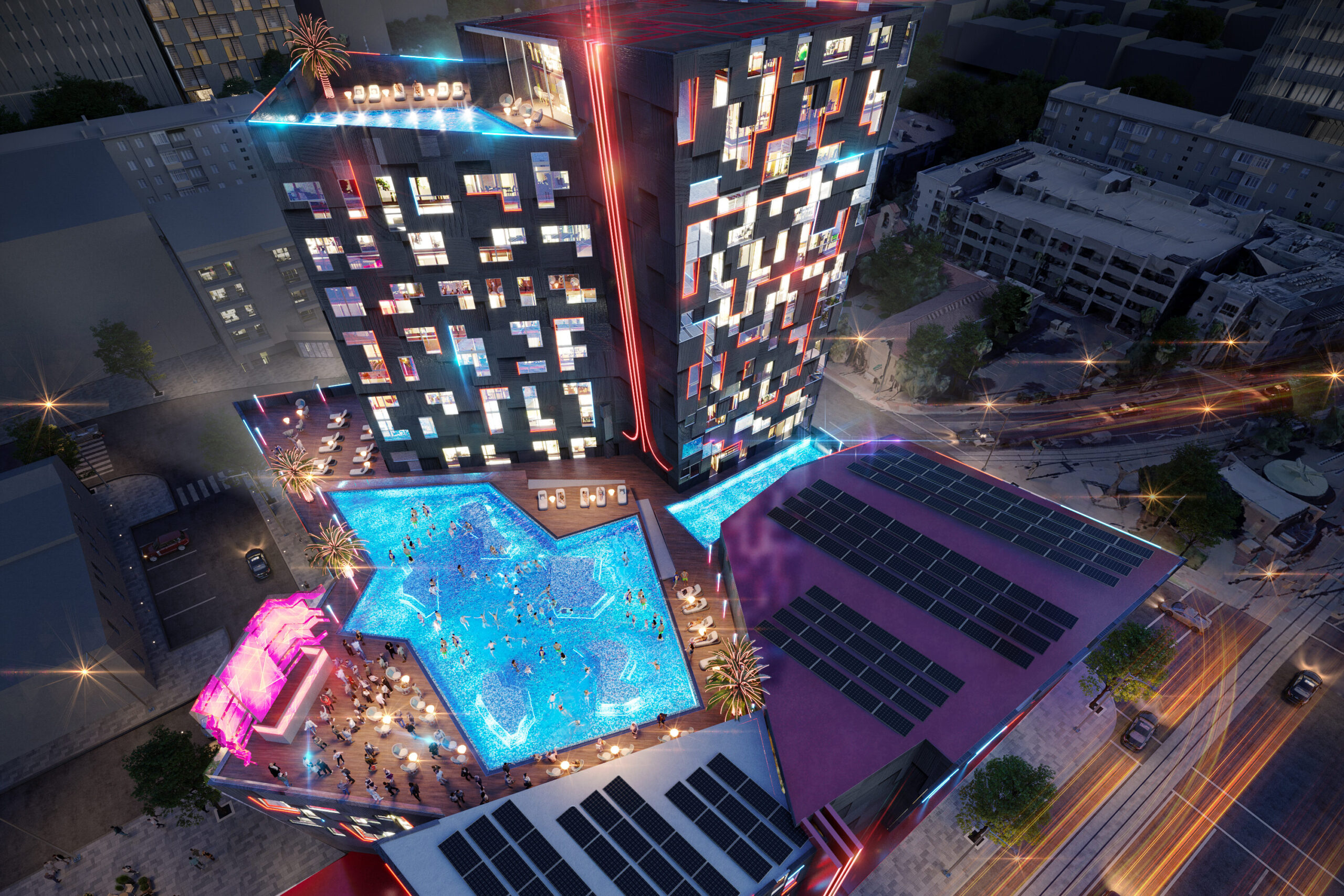 A birds-eye-view of the anticipated Atari Hotel Phoenix with a pool and solar panel roofs.