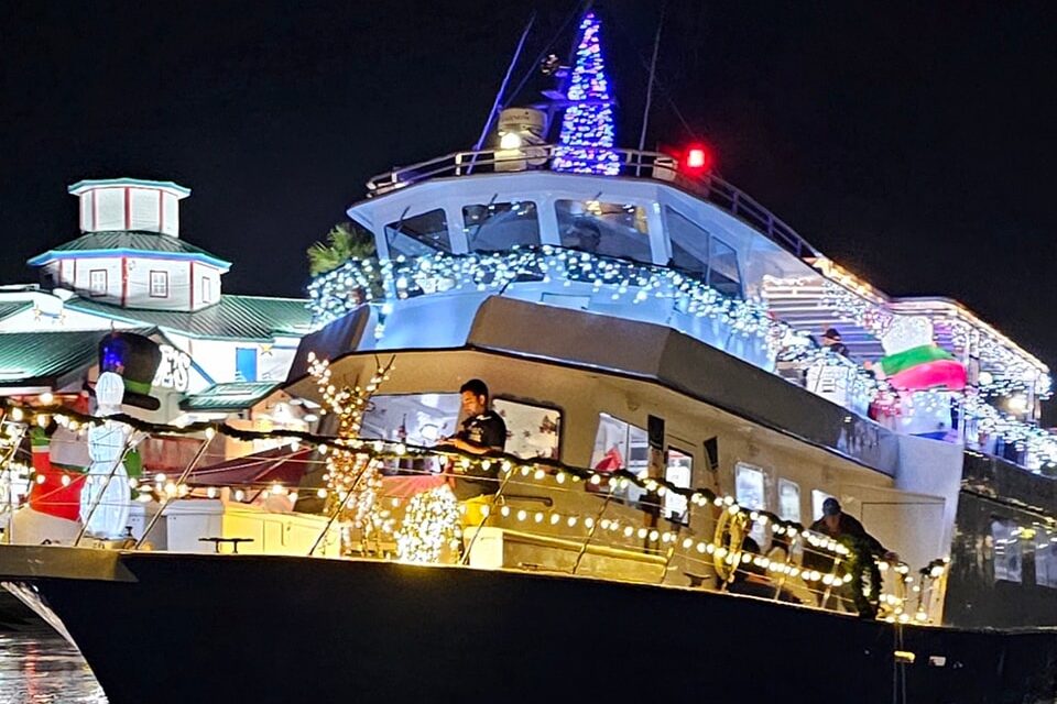 The three-story Texas Tease of Texas Tease Yacht Charters decorated for the holidays in Corpus Christi.