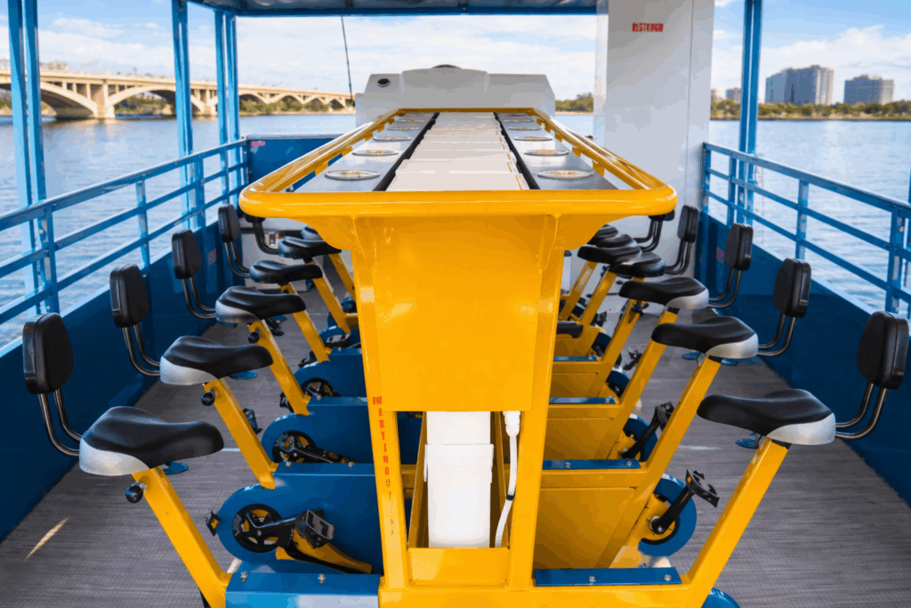 The inside table and bike pedals of the Tempe Boat Cruisin' in Tempe, Arizona.