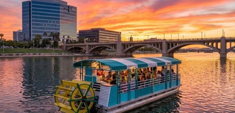 Tempe Town Lake at sunset, with a view of buildings and bridge and the Tempe Boat Cruisin' pedal boat.