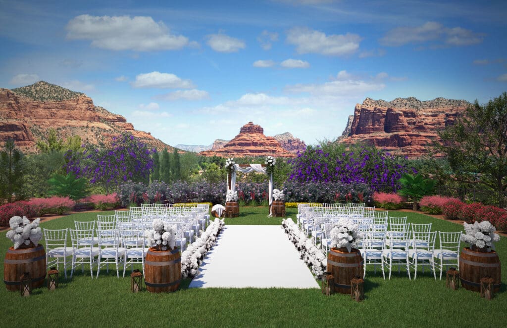 Rendering of new outdoor event lawn at Hilton Sedona Resort with Bell Rock views in Sedona.