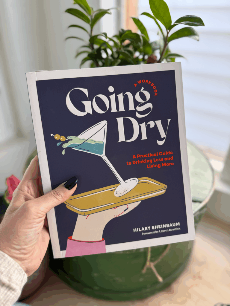 "Going Dry: A Workbook: A Practical Guide to Drinking Less and Living More" book being held by a hand in front of a plant.